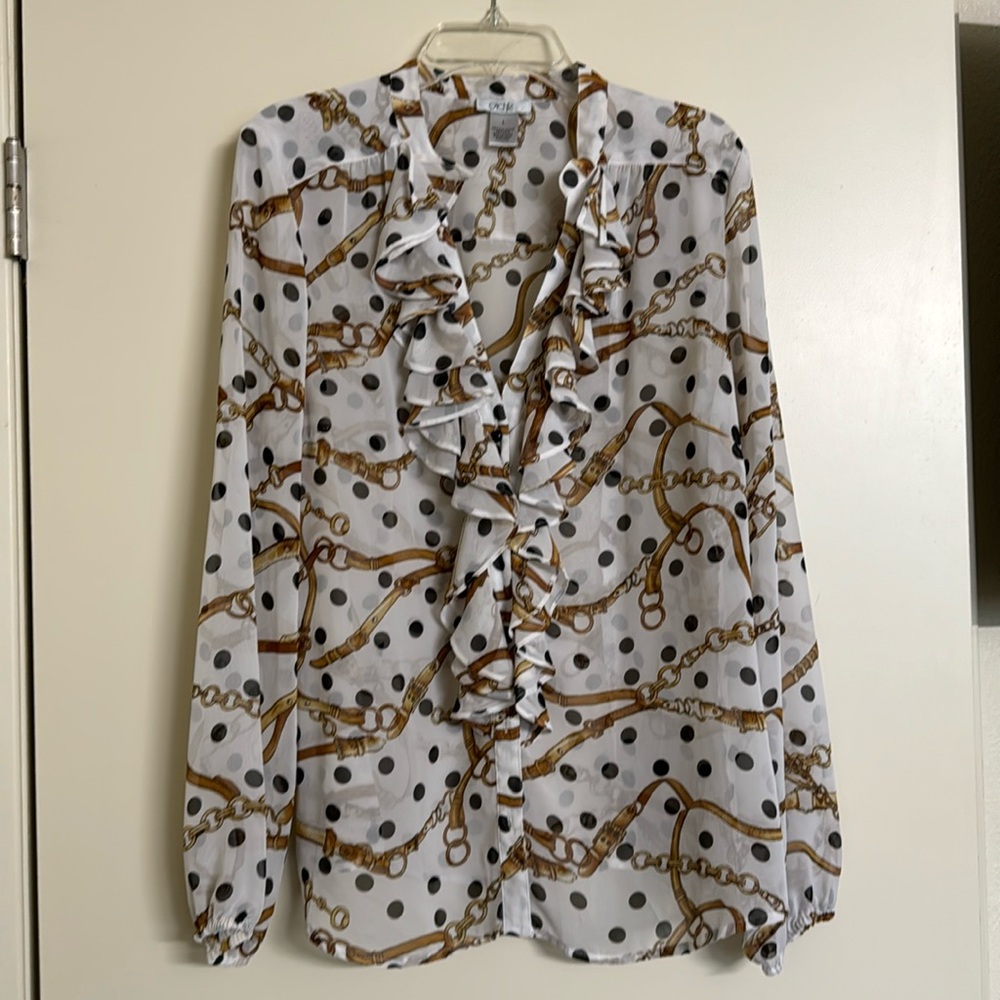 Cache Sheer Blouse Long Sleeve Front Ruffle Button Down L Polka Dots Chain Print
